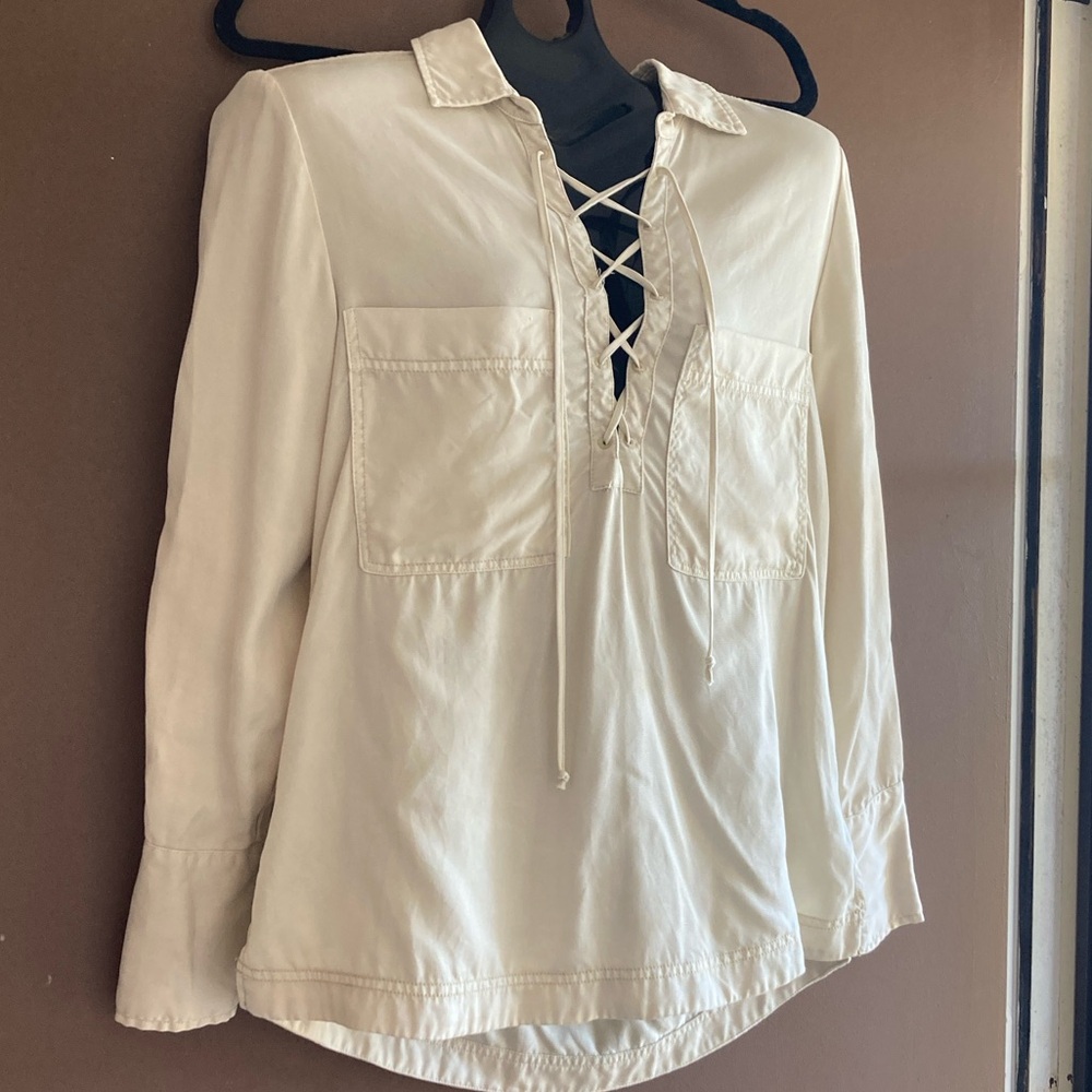 Free People Blouse Off White Cream Lace-Up Women's Top Tunic